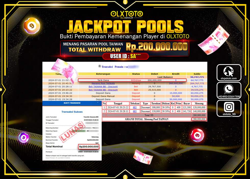 OLXTOTO JACKPOT  TOGEL POOL TAIWAN Rp.200.000.000.,- LUNAS