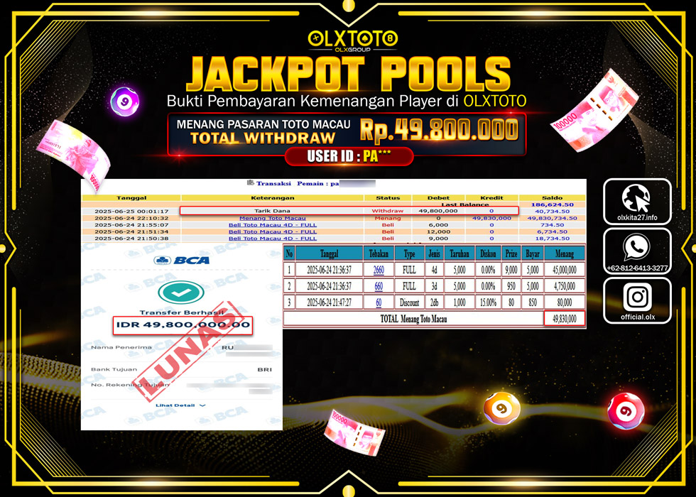 BONDAN69 JACKPOT  TOGEL TOTO MACAU Rp.49.800.000.,- LUNAS
