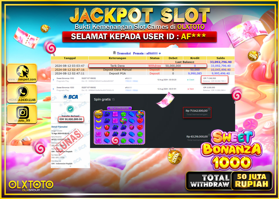 OLXTOTO JACKPOT  SLOT SWEET BONANZA 1000 Rp.50.000.000.,- LUNAS