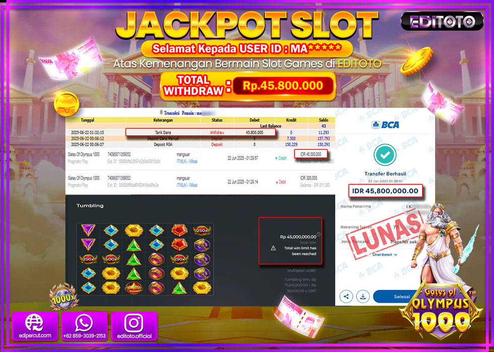 JACKPOT EDITOTO SLOT GATES OF OLYMPUS 1000 Rp.45.800.000,- LUNAS