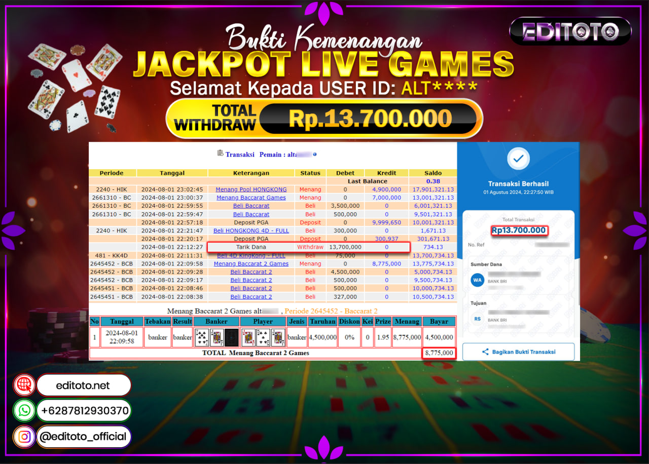 JACKPOT LIVE GAME EDITOTO BACCARAT Rp.13.700.000.,- LUNAS