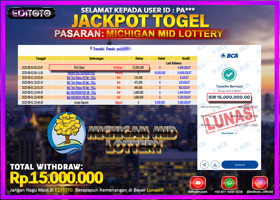 JACKPOT EDITOTO TOGEL PASARAN MICHIGAN MID LOTTERY Rp.15.000.000.,- LUNAS