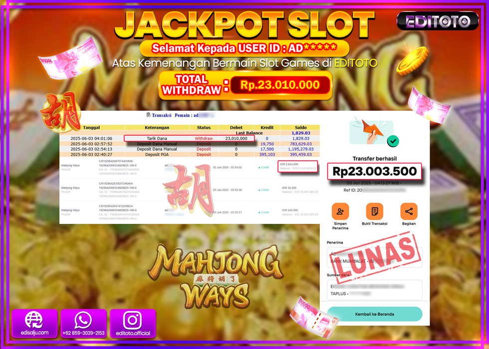 JACKPOT EDITOTO SLOT MAHJONG WAYS Rp.23.010.000,- LUNAS