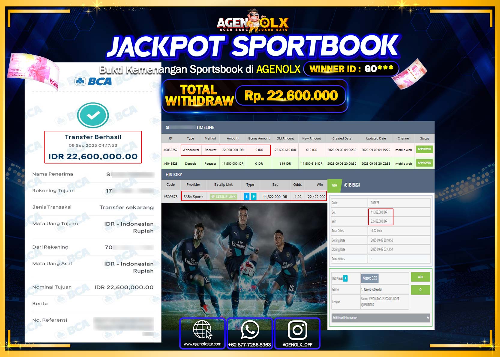 AGENOLX JACKPOT SPORTBOOK Rp 22,600,000,- LUNAS