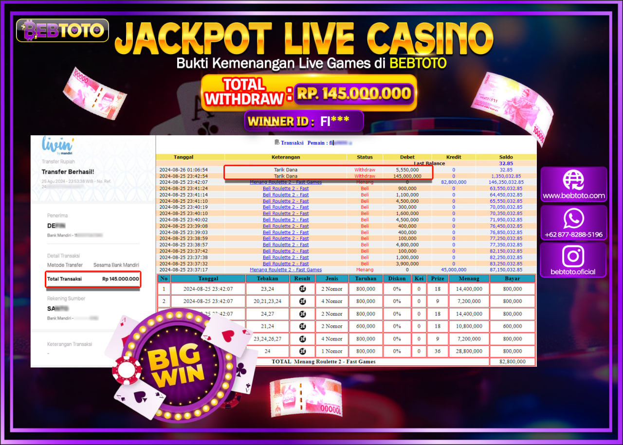 JACKPOT LIVE CASINO BEBTOTO ROULETTE Rp.145.000.000.,- LUNAS