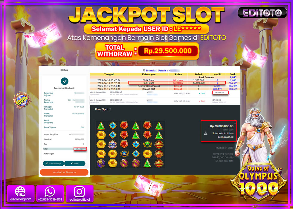 JACKPOT SLOT GATES OF OLYMPUS 1000 Rp.29.500.000,- LUNAS
