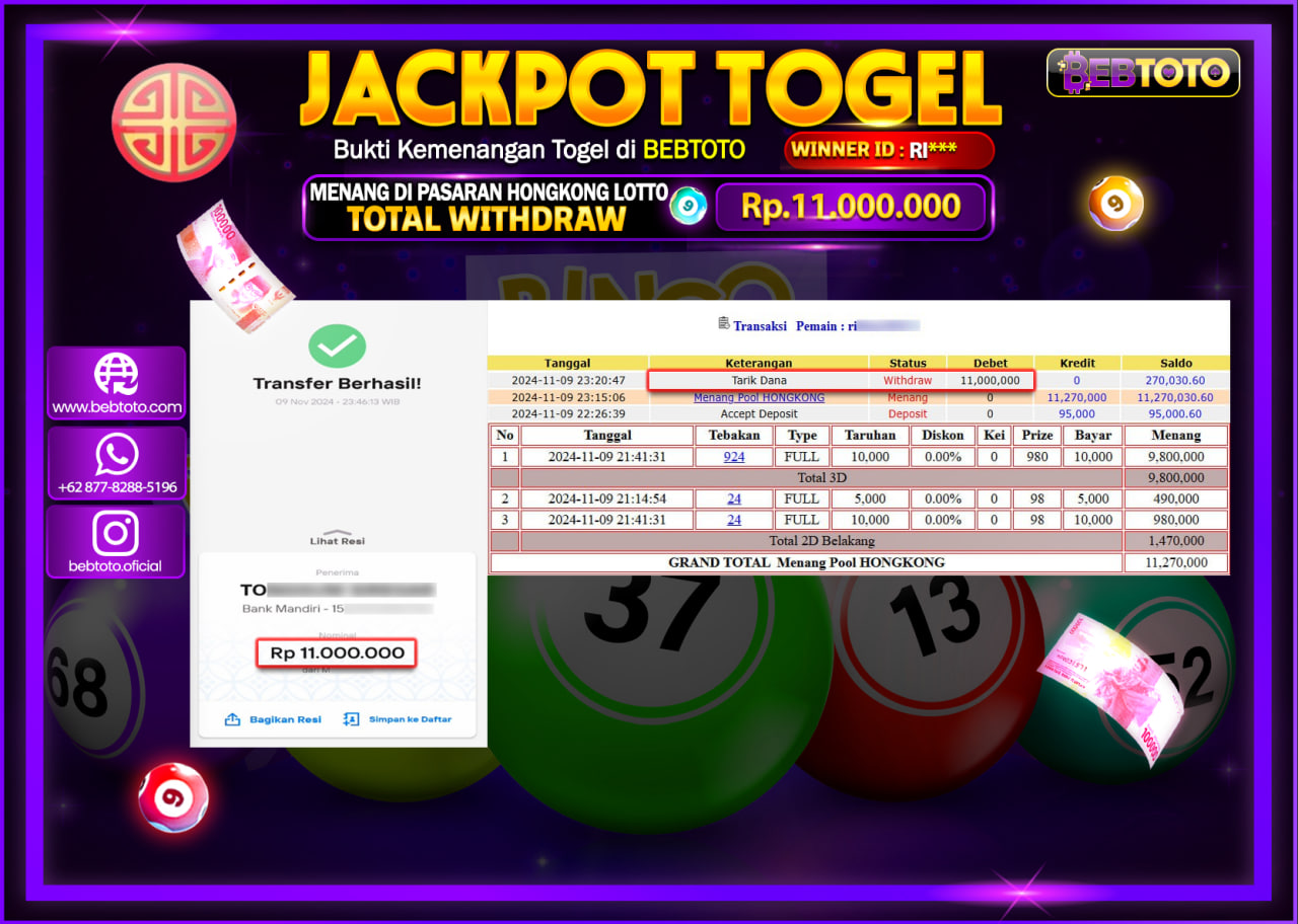JACKPOT TOGEL BEBTOTO HONGKONG LOTTO  Rp.11.000.000.,- LUNAS
