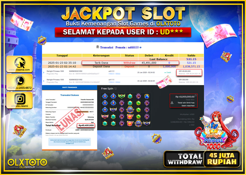 OLXTOTO JACKPOT  SLOT STARLIGHT PRINCESS 1000 Rp.45.491.000.,- LUNAS