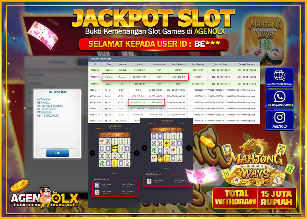 AGENOLX JACKPOT SLOT MAHJONG WAYS Rp.15.000.000,- LUNAS