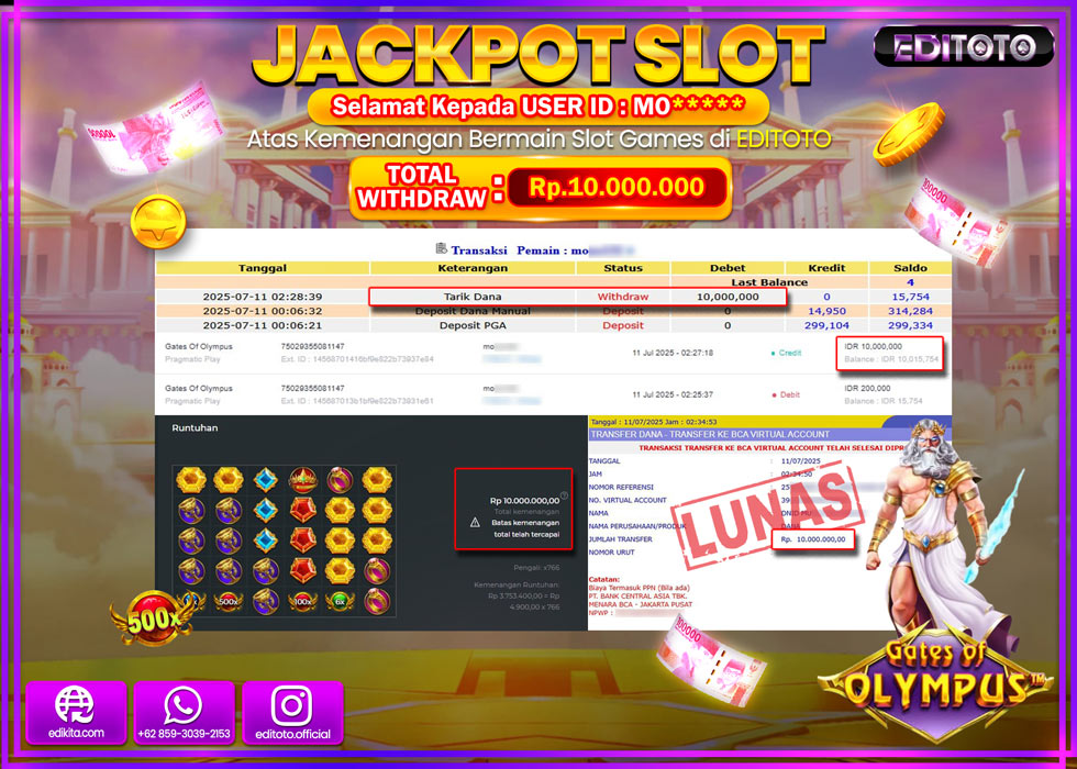 JACKPOT EDITOTO SLOT GATES OF OLYMPUS  Rp.10.000.000,- LUNAS 