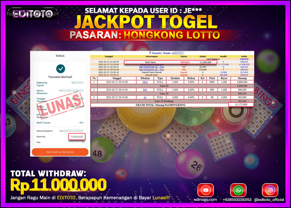 JACKPOT TOGEL PASARAN HONGKONG LOTTO Rp.11.000.000.,- LUNAS