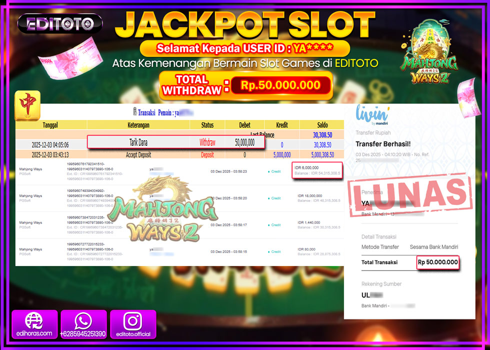 JACKPOT EDITOTO SLOT MAHJONG WAYS 2  Rp.50.000.000,- LUNAS