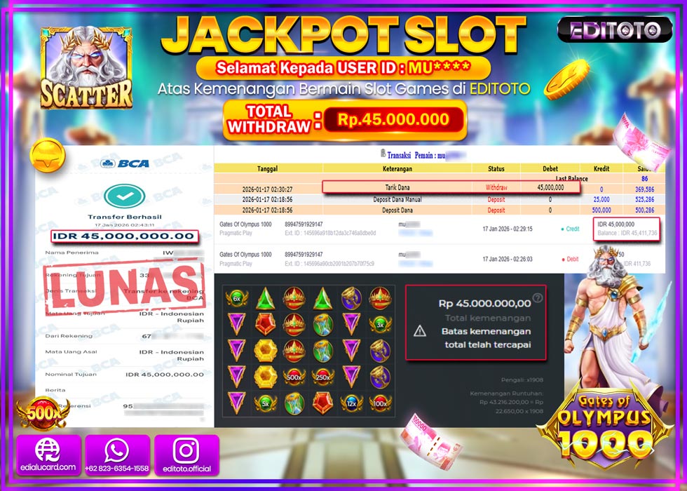JACKPOT EDITOTO SLOT GATES OF OLYMPUS 1000  Rp.45.000.000,- LUNAS  