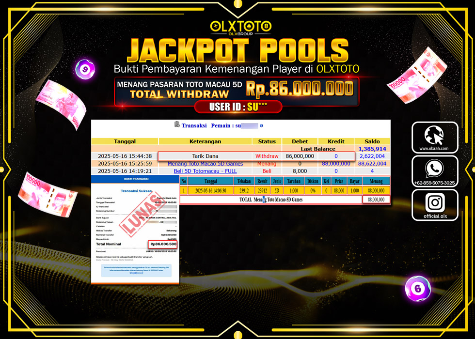 BINTANGSLOT77 JACKPOT TOGEL PASARAN TOTO MACAU 5D Rp.86.000.000.,- LUNAS