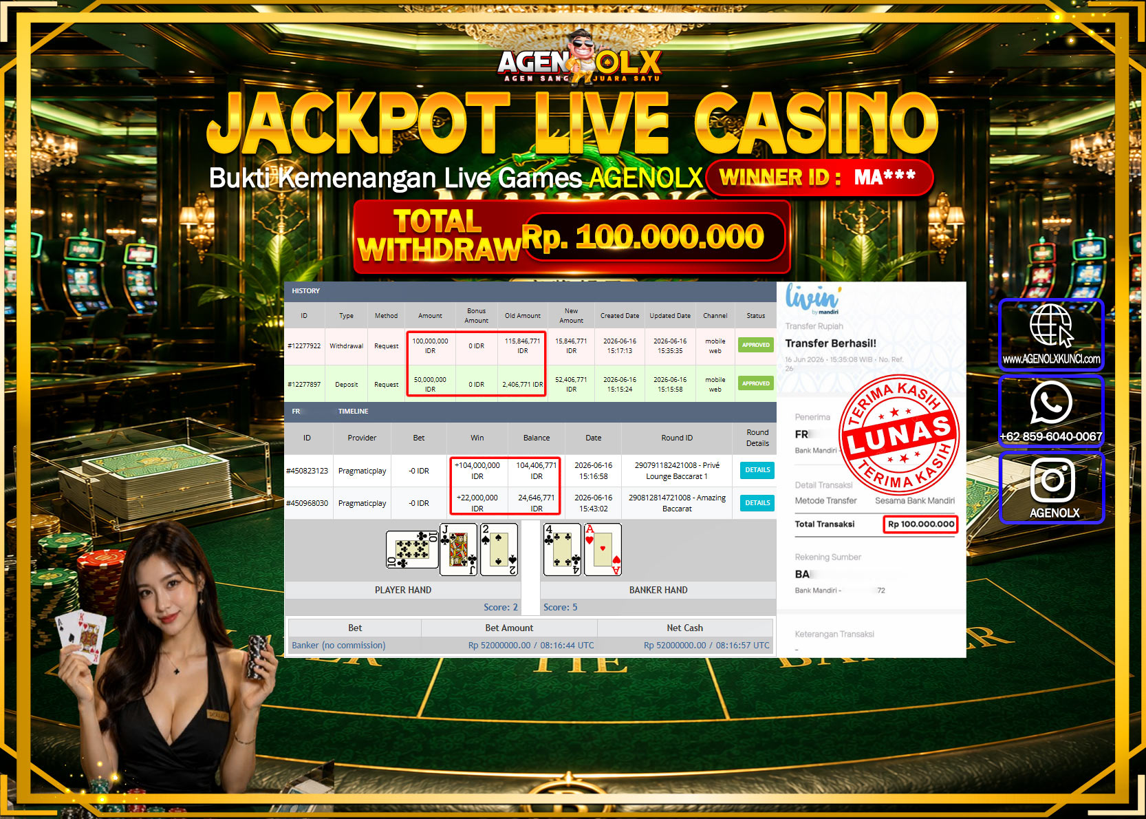 AGENOLX JACKPOT LIVE CASINO AMAZING BACCARAT Rp 100.000.000 - LUNAS