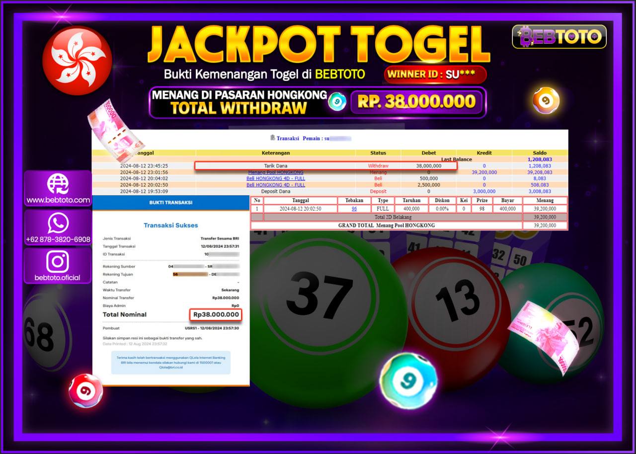 JACKPOT TOGEL BEBTOTO HONGKONG POOLS Rp.38.000.000.,- LUNAS