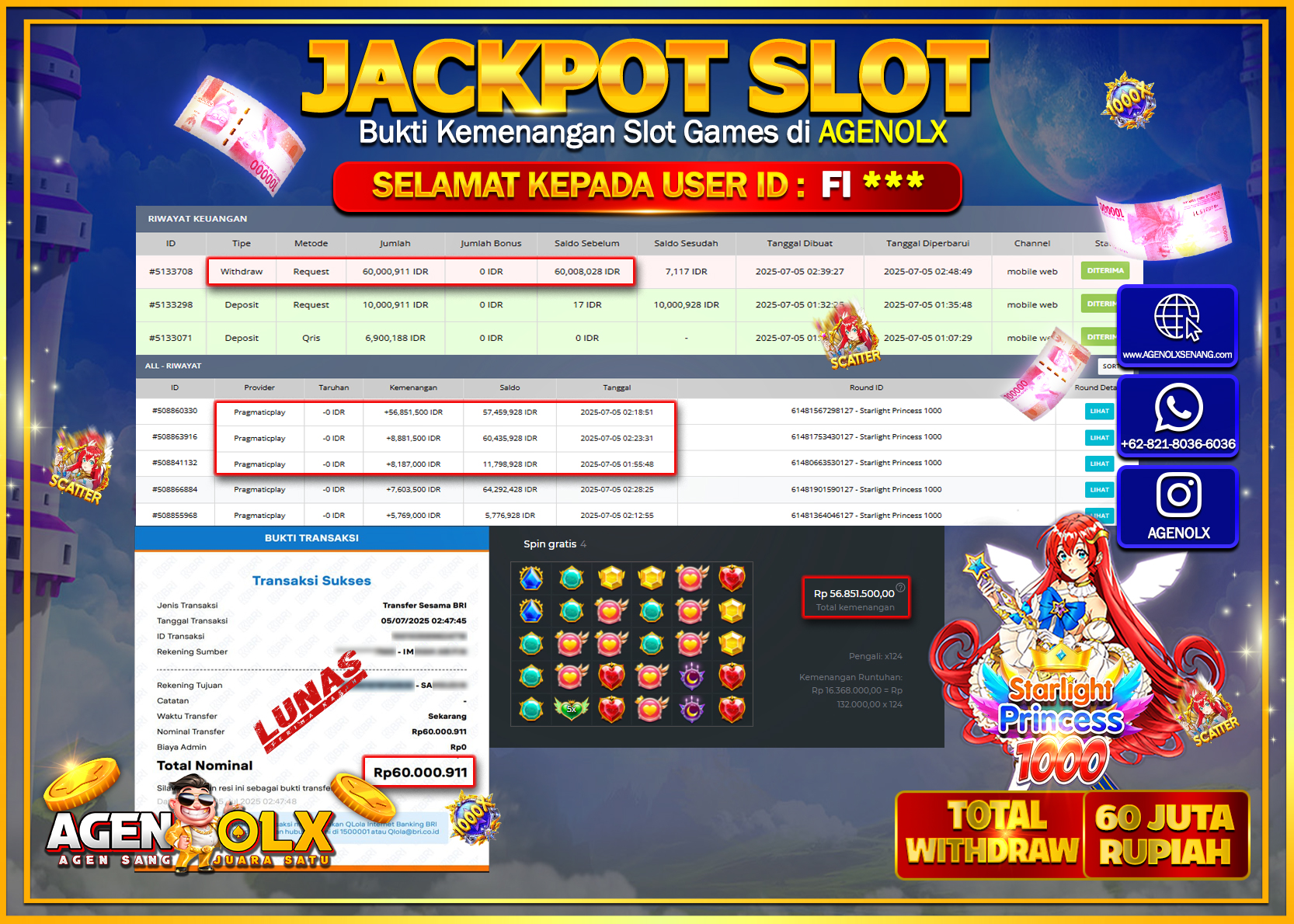 AGENOLX JACKPOT  SLOT STARLIGHT PRINCESS 1000  Rp 60.009.911,- LUNAS