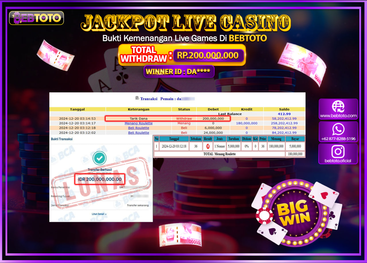 JACKPOT LIVE CASINO BEBTOTO ROULETTE Rp.200.000.000.,- LUNAS