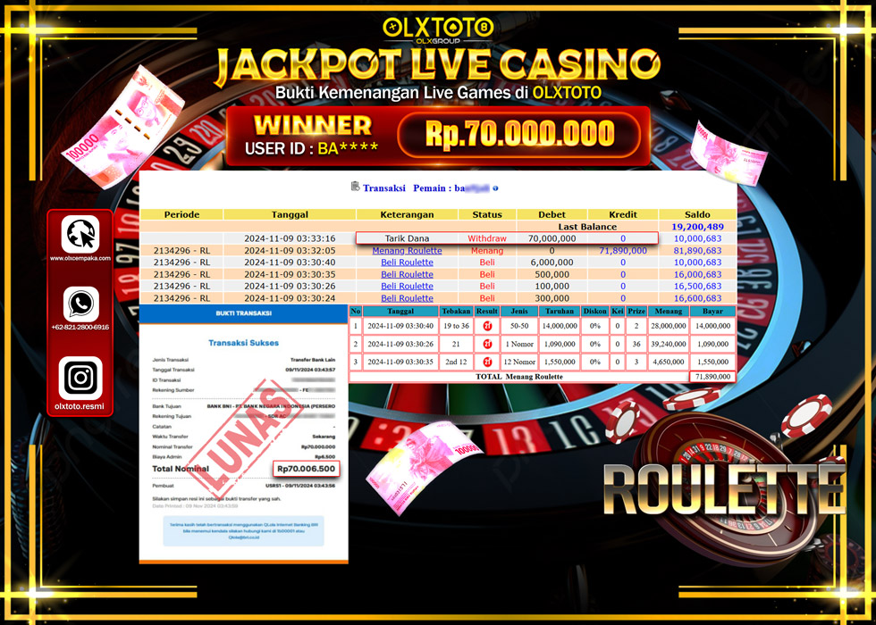 OLXTOTO JACKPOT  LIVE GAMES ROULETTE Rp.70.000.000.,- LUNAS