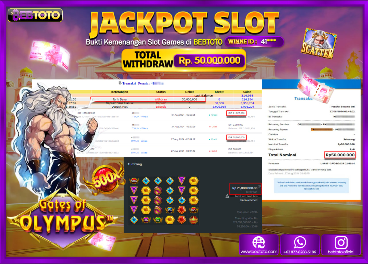 JACKPOT SLOT BEBTOTO Gates Of Olympus Rp.50.000.000.,- LUNAS