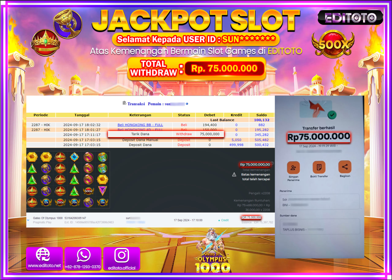 JACKPOT SLOT GATES OF OLYMPUS 1000   Rp.75.000.000.,- LUNAS