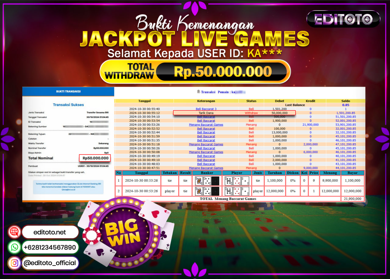 JACKPOT LIVE GAME BACCARAT Rp.50.000.000.,- LUNAS