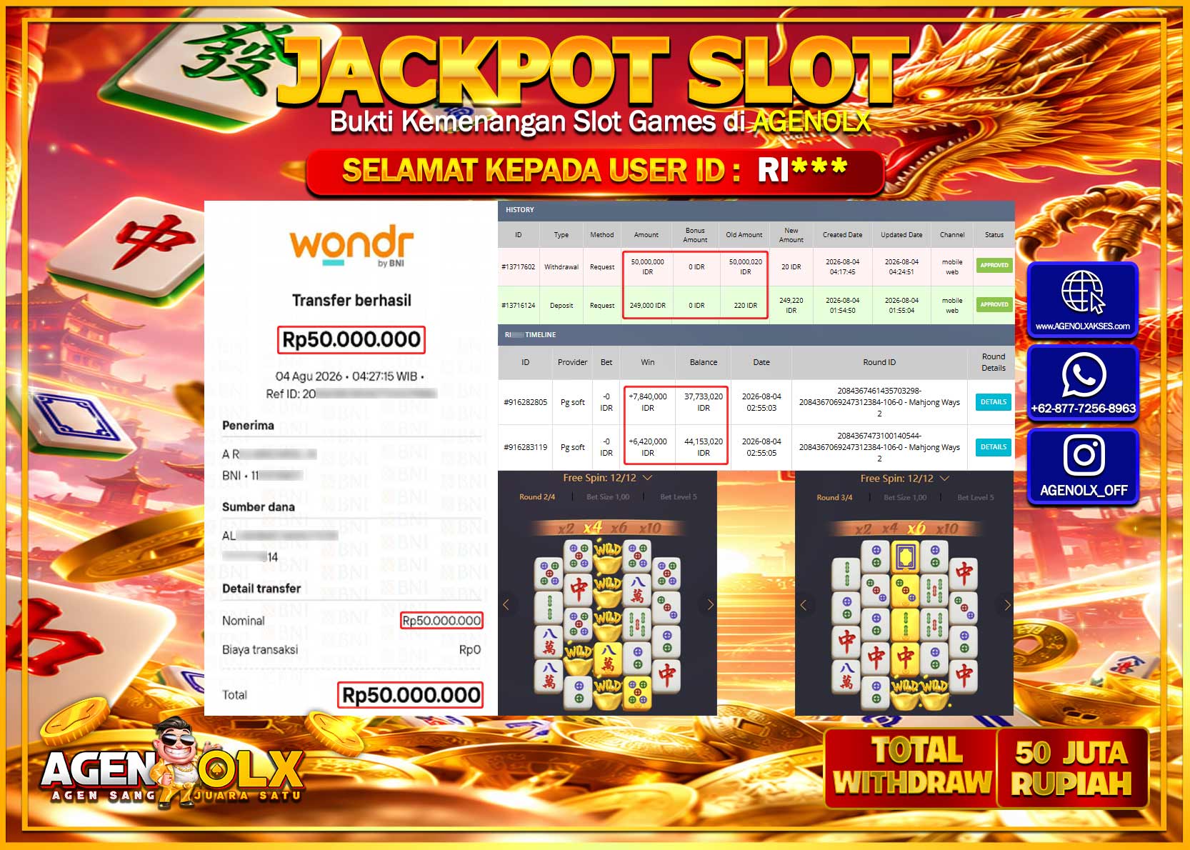 AGENOLX JACKPOT SLOT  MAHJONG WAYS 2  Rp 50.000.000 -LUNAS