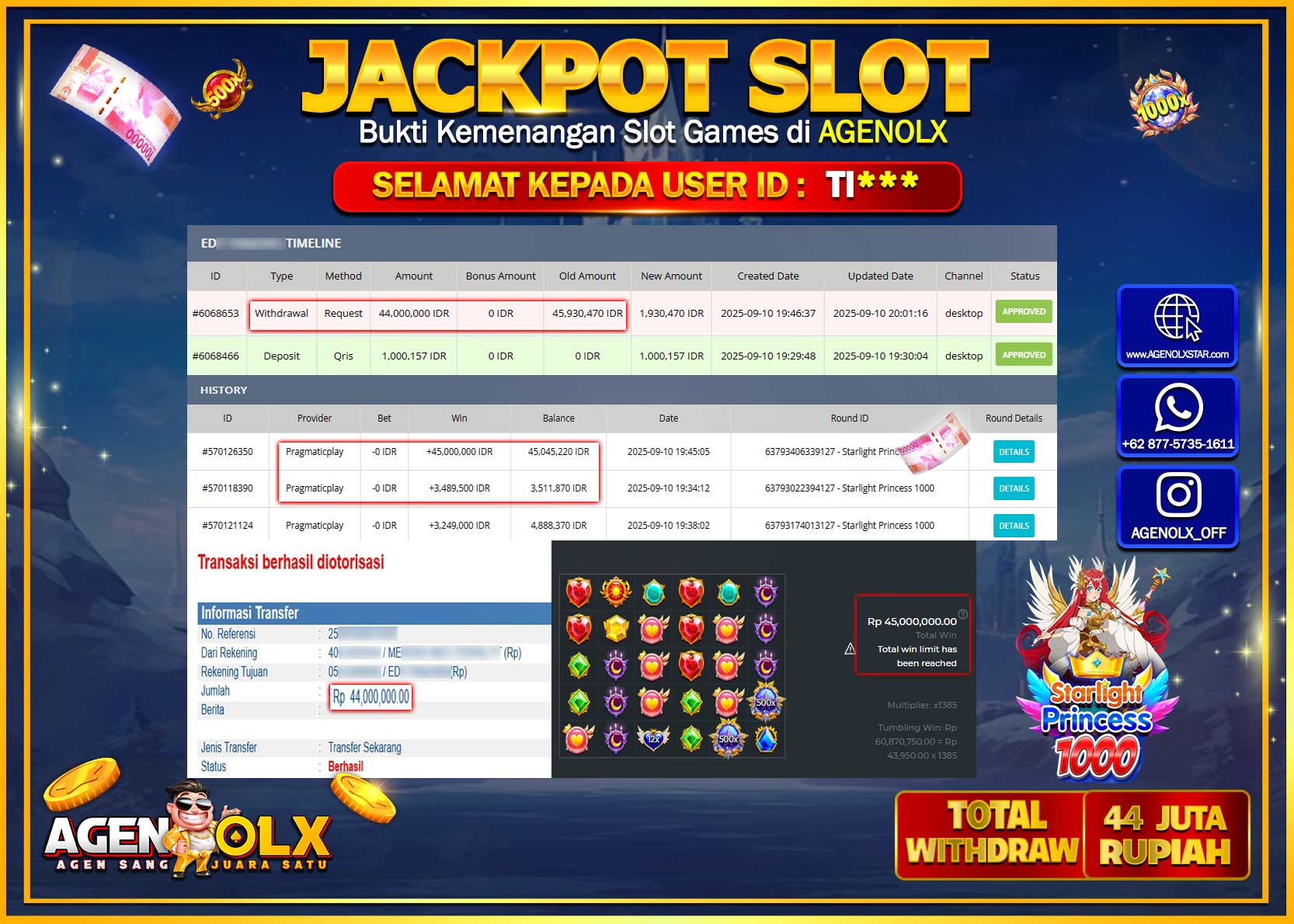 AGENOLX JACKPOT SLOT STARLIGHT PRINCESS 1000  Rp 44,000,000,- LUNAS