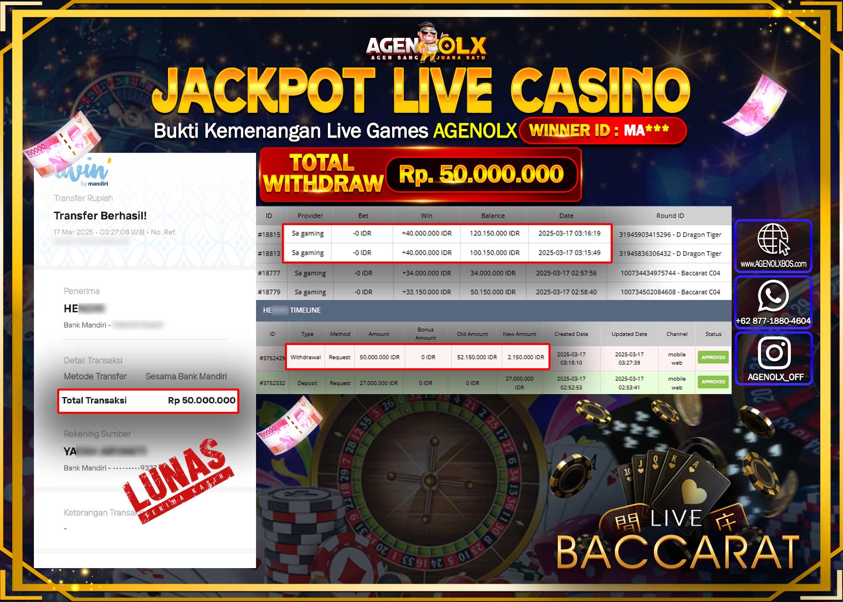 AGENOLX JACKPOT  LIVE CASINO SPEED BACCARAT Rp 50.000.000,- LUNAS
