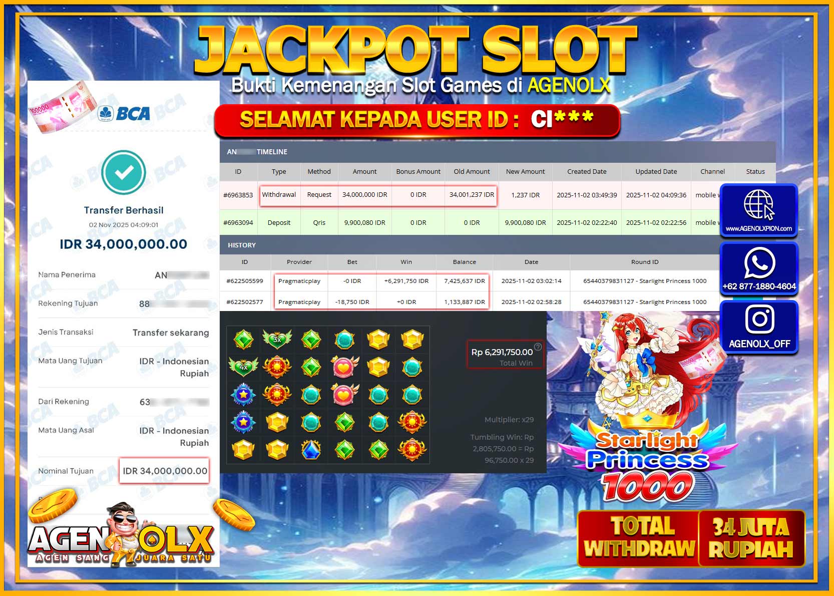 AGENOLX JACKPOT SLOT STARLIGHT PRINCESS 1000 Rp 34,000,000,- LUNAS