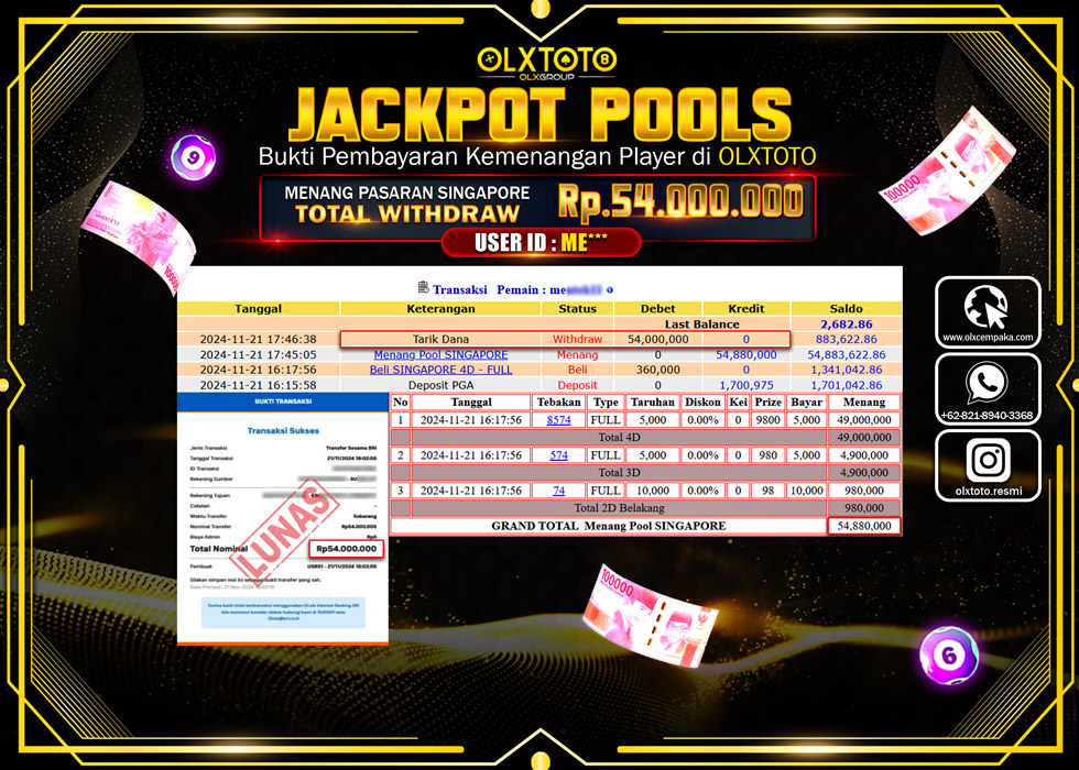 OLXTOTO JACKPOT  TOGEL POOL SINGAPORE Rp.54.000.000.,- LUNAS