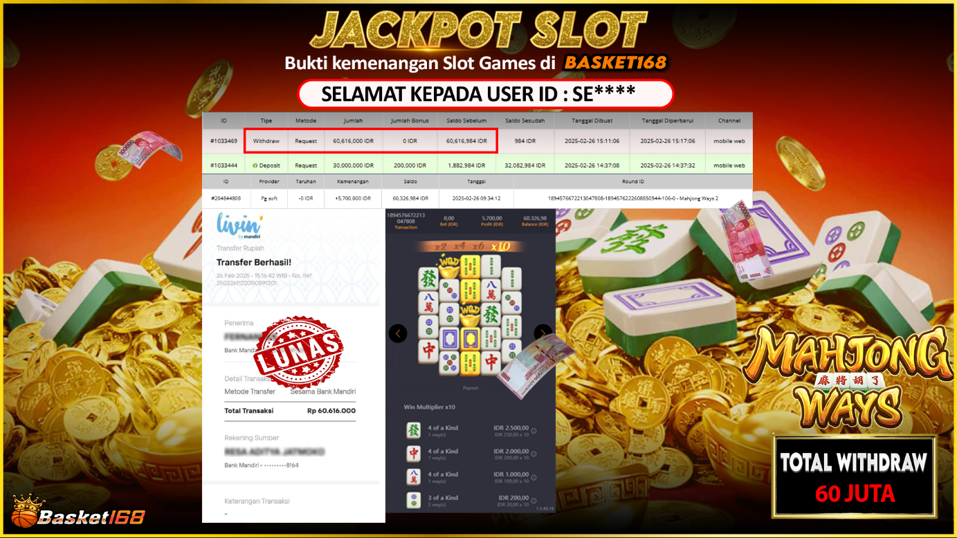 BASKET168 JACKPOT SLOT  MAHJONG WAYS Rp. 60.000.000,- LUNAS