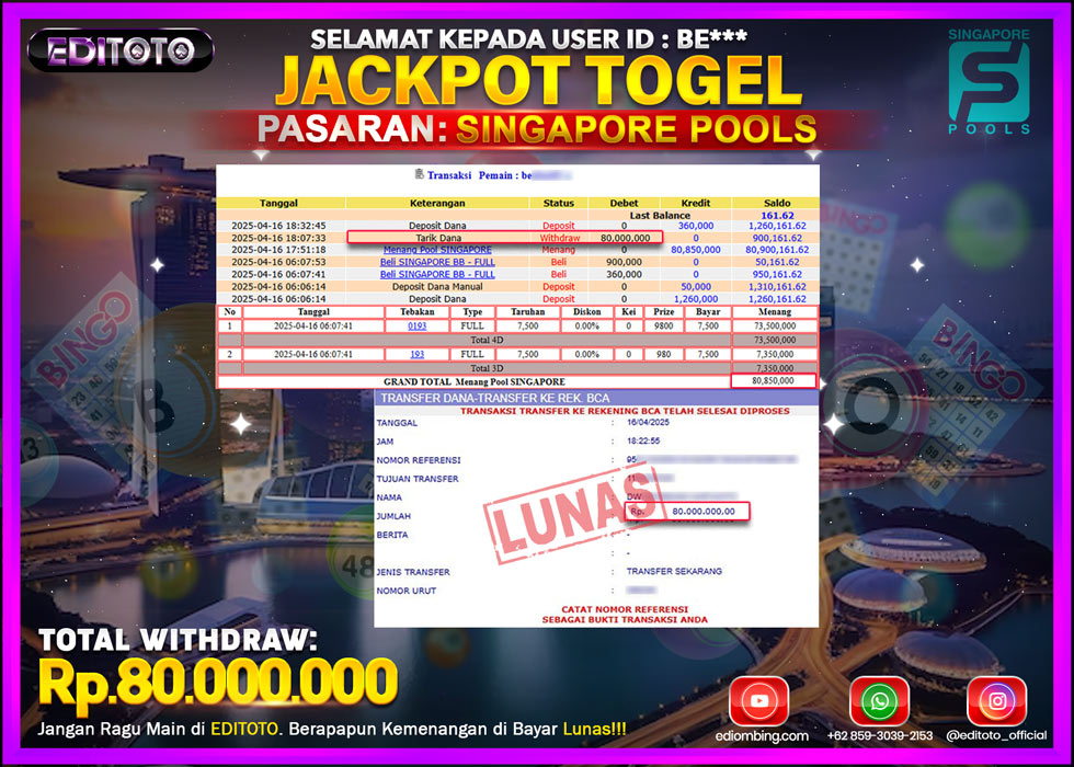 JACKPOT EDITOTO TOGEL SINGAPORE POOLS  Rp.80.000.000.,- LUNAS