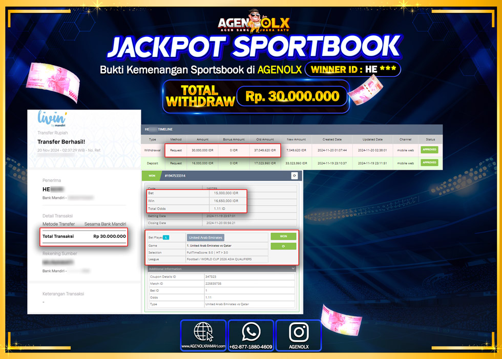 AGENOLX JACKPOT SPORTBOOK Rp 30.000.000,- LUNAS