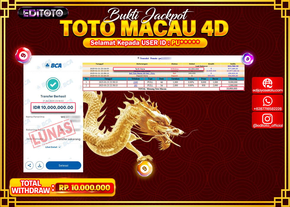 JACKPOT TOGEL PASARAN TOTOMACAU 4D Rp.10.000.000.,- LUNAS