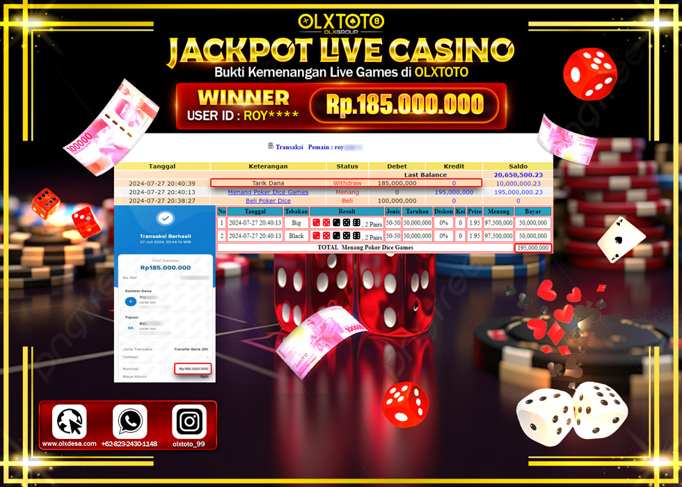 OLXTOTO JACKPOT  LIVE GAMES POKER DICE Rp.185.000.000.,- LUNAS