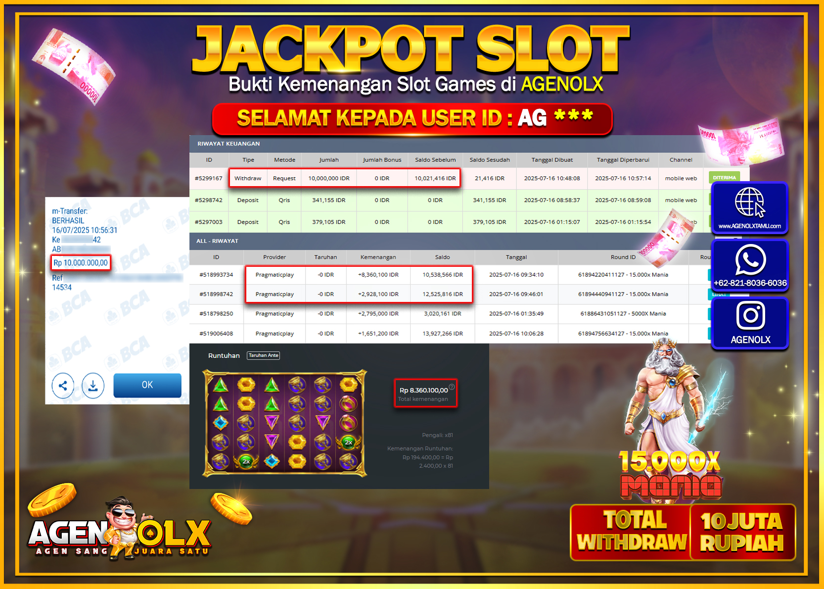 AGENOLX JACKPOT  SLOT 15.000 MANIA  Rp 10.000.000,- LUNAS