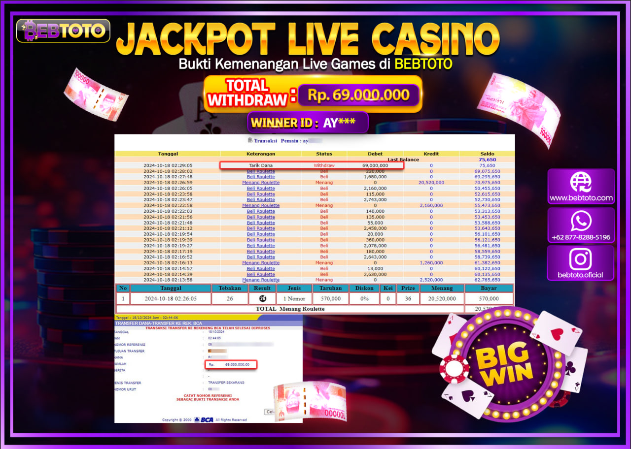 JACKPOT LIVE CASINO BEBTOTO ROULETTE Rp.69.000.000.,- LUNAS