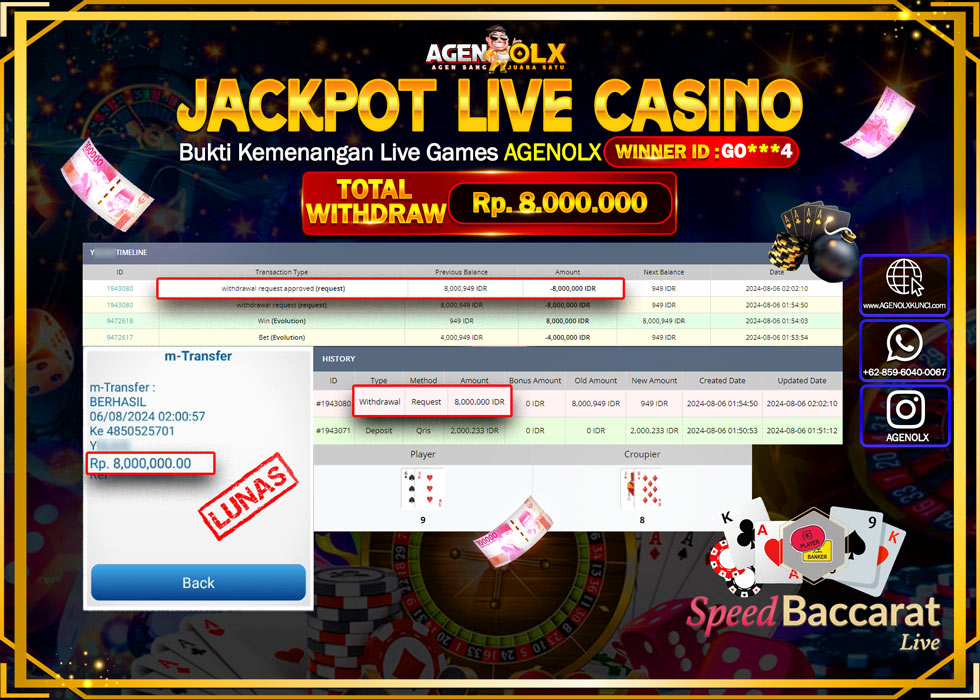 AGENOLX JACKPOT LIVE CASINO EMPEROR SPEED BACCART C Rp.8.000.000,- LUNAS