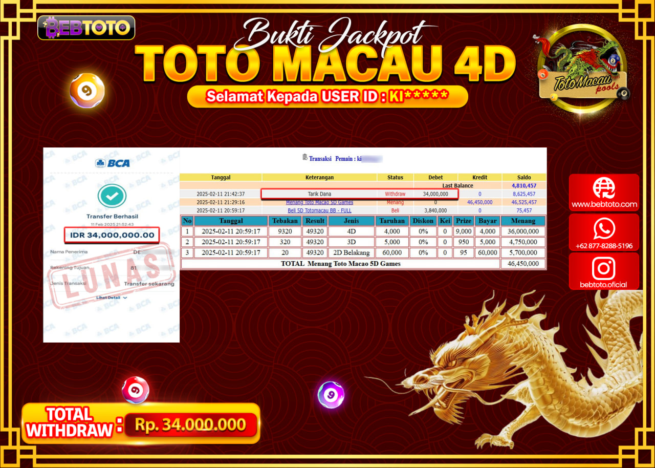 JACKPOT TOGEL BEBTOTO TOTO MACAU  Rp.34.000.000.,- LUNAS