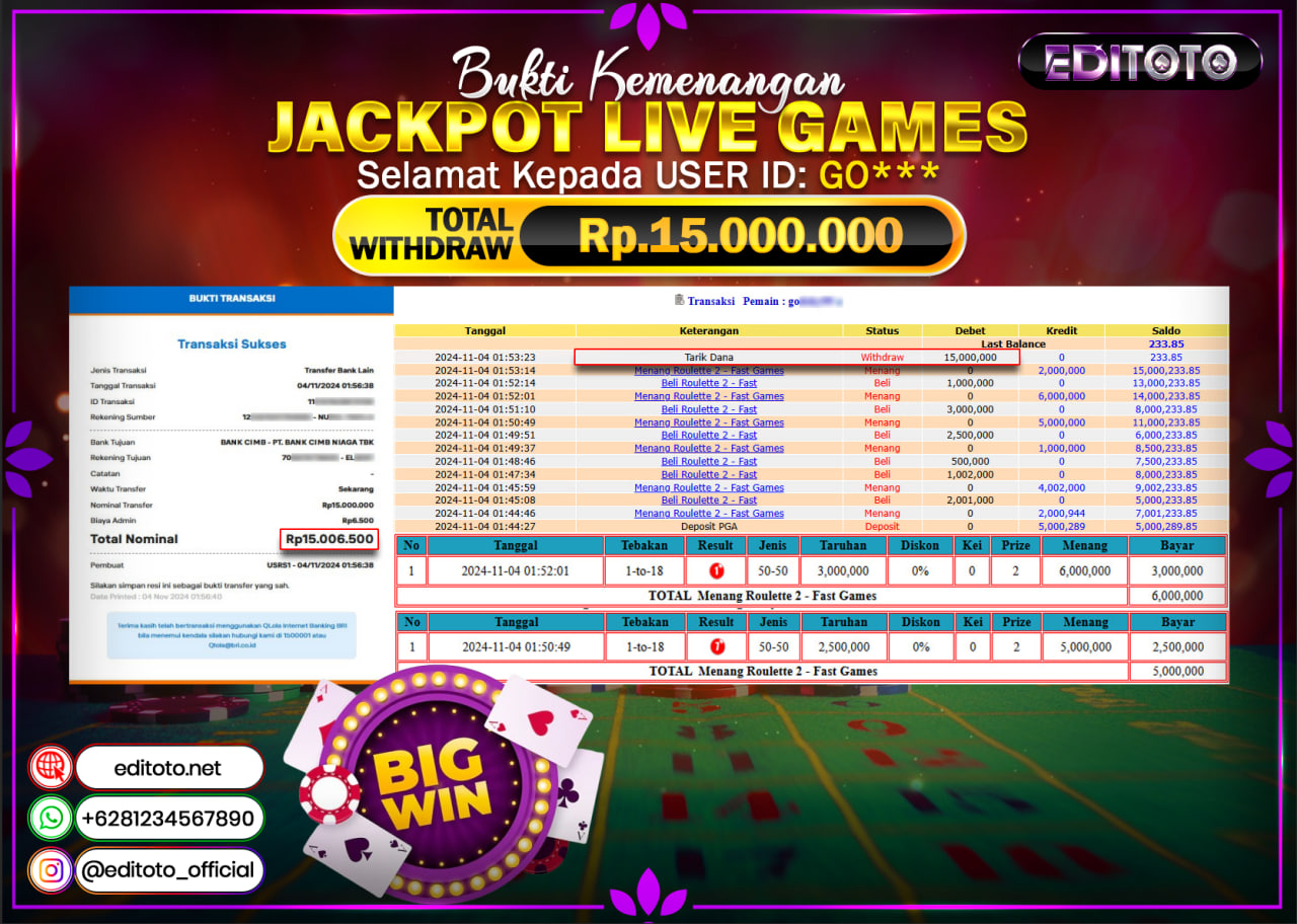 JACKPOT LIVE GAME ROULETTE Rp.15.000.000.,- LUNAS