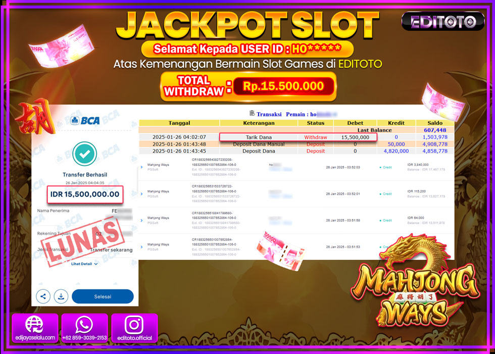 JACKPOT SLOT MAHJONG WAYS  Rp.15.500.000.,- LUNAS
