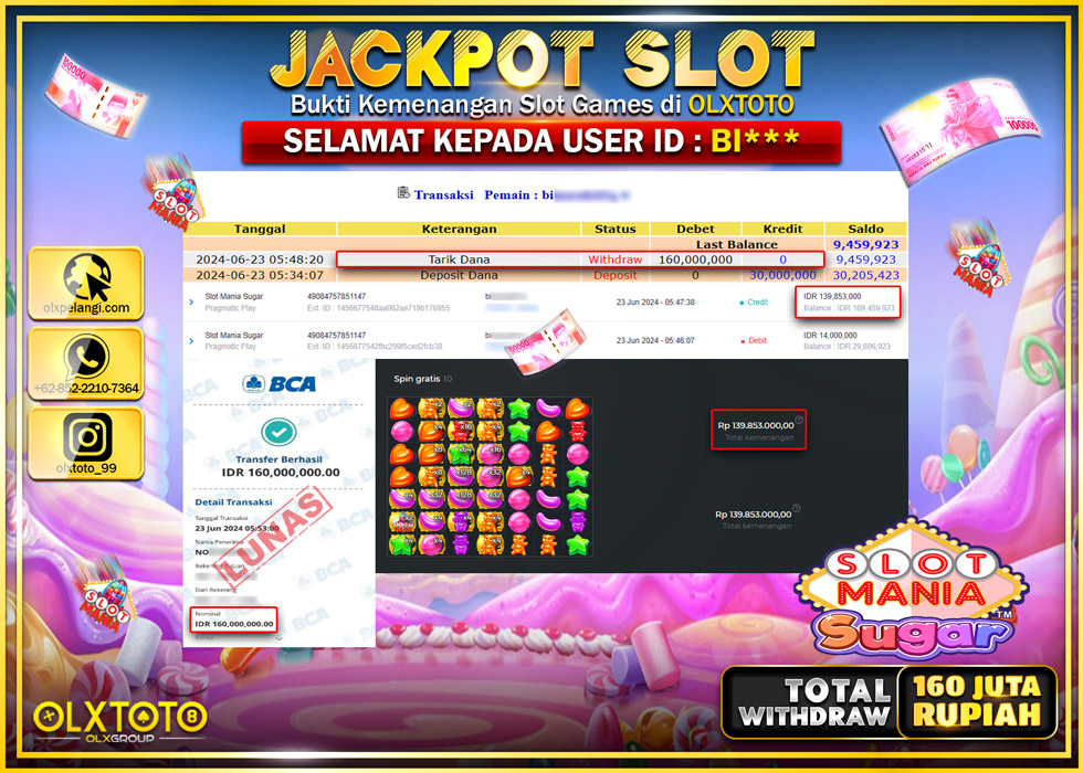 OLXTOTO JACKPOT SLOT MANIA SUGAR Rp.160.000.000.,- LUNAS
