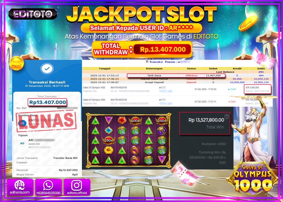 JACKPOT EDITOTO SLOT GATES OF OLYMPUS 1000  Rp.13.407.000,- LUNAS  