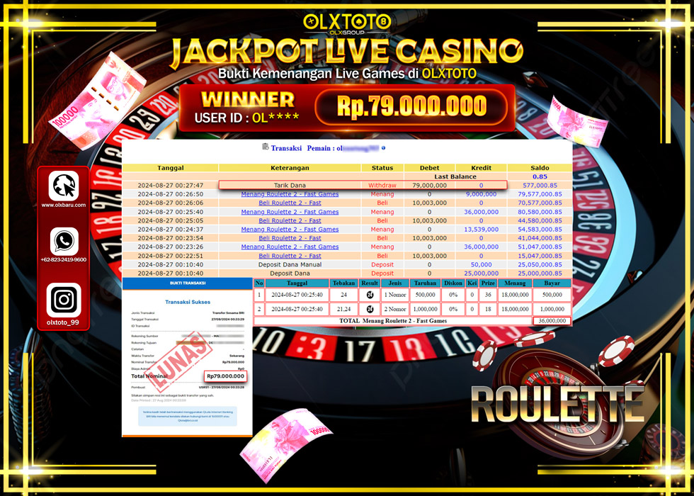 OLXTOTO JACKPOT  LIVE GAMES ROULETTE 2 Rp.79.000.000.,- LUNAS
