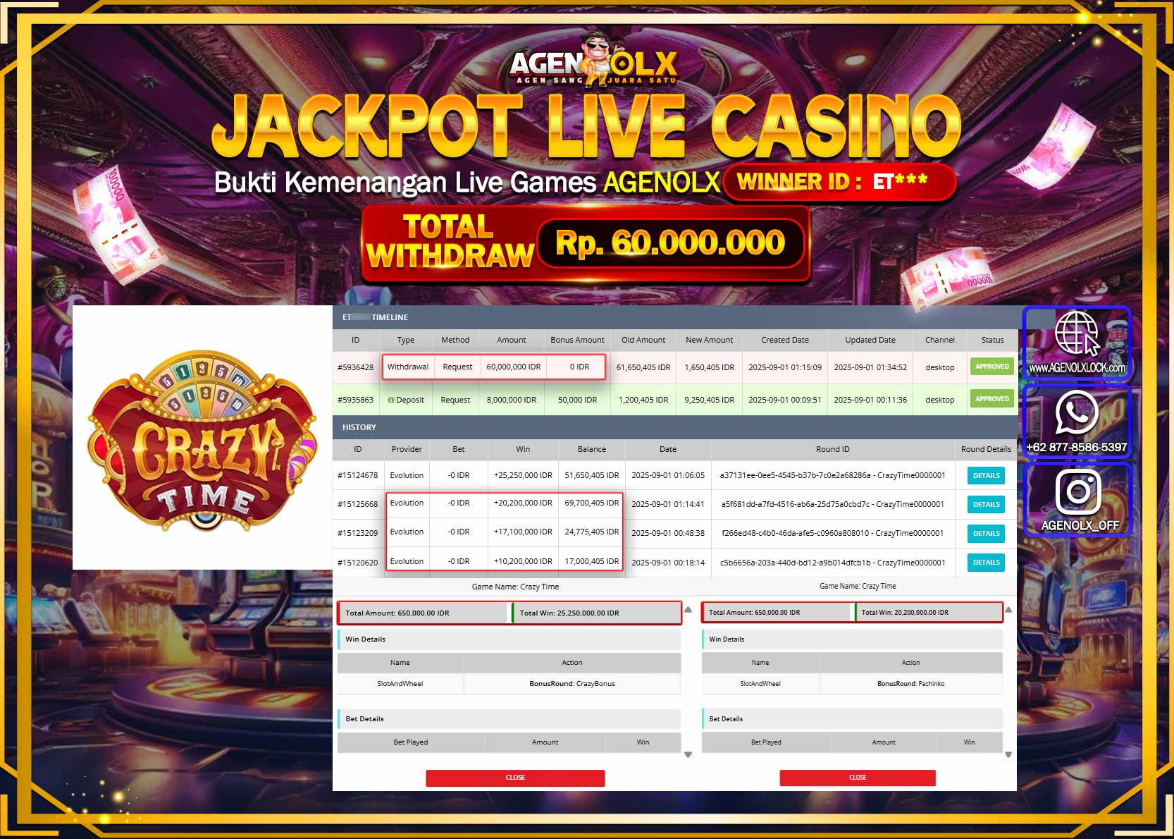 AGENOLX JACKPOT LIVE CASINO CRAZY TIME  Rp 60,000,000,- LUNAS