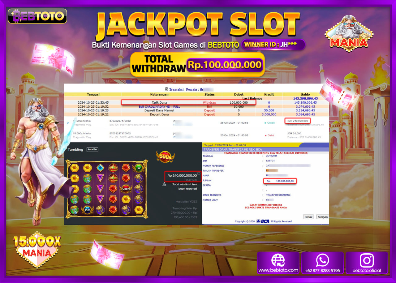 JACKPOT SLOT BEBTOTO 15.000X MANIA Rp.100.000.000.,- LUNAS