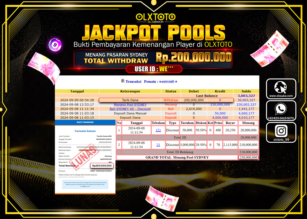 OLXTOTO JACKPOT  TOGEL POOL SYDNEY Rp.200.000.000.,- LUNAS