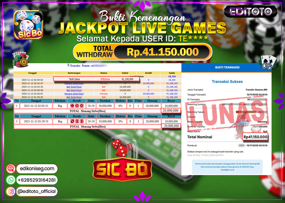 JACKPOT EDITOTO LIVE GAMES SICBO DICE Rp. 41.150.000.,- LUNAS