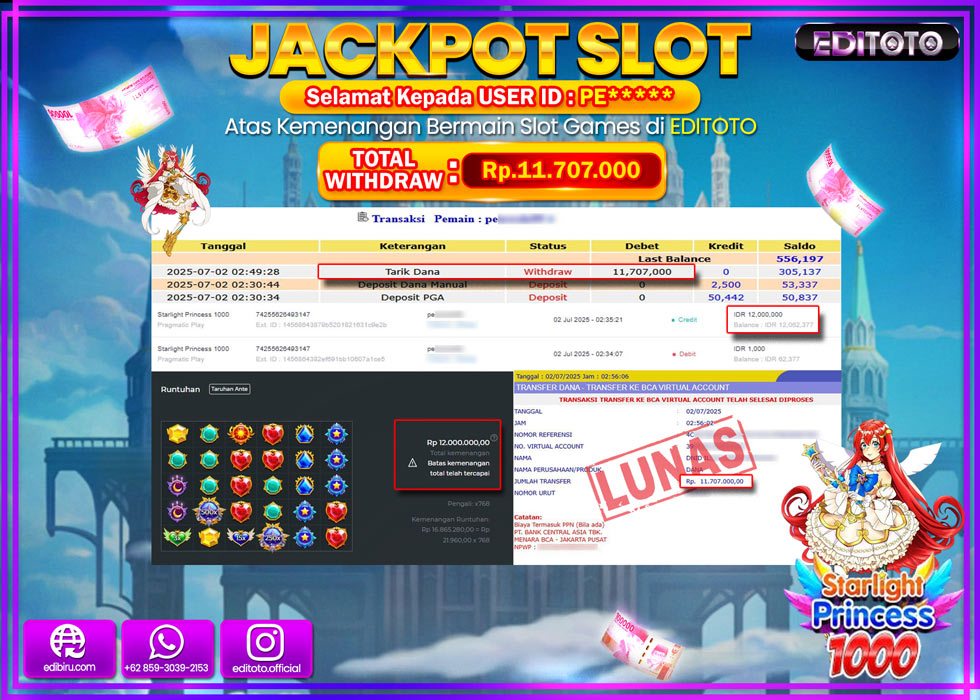 JACKPOT EDITOTO SLOT STARLIGHT PRINCESS 1000 Rp.11.707.000,- LUNAS 